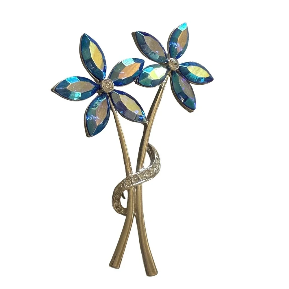 Vintage Avon Blue 2 Aurora Borealis 5 petal Flower stem Brooch‎ large Pin